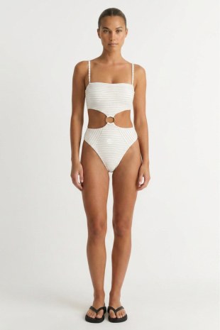 STRIPED STRAPLESS ONEPIECE SWIMSUIT WITH GOLD THREAD DETAIL-26804123-102