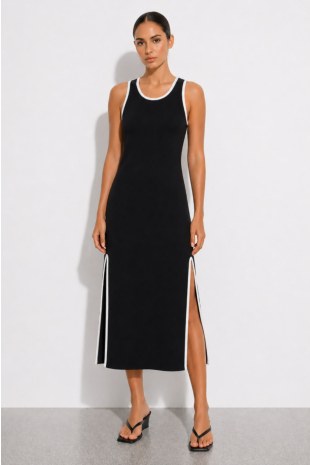 CONTRAST PIPING MIDI TERRY DRESS WITH SIDE SLIT-26814103-110