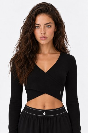 RIBBED LONG-SLEEVED CROPPED WRAP TOP-26832156-110