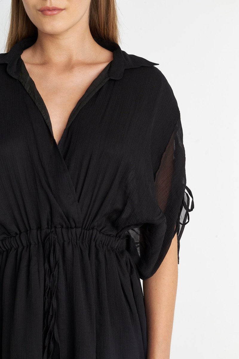 MONOCHROME SHIRRED SHORT-SLEEVED MINI DRESS-23814100-110