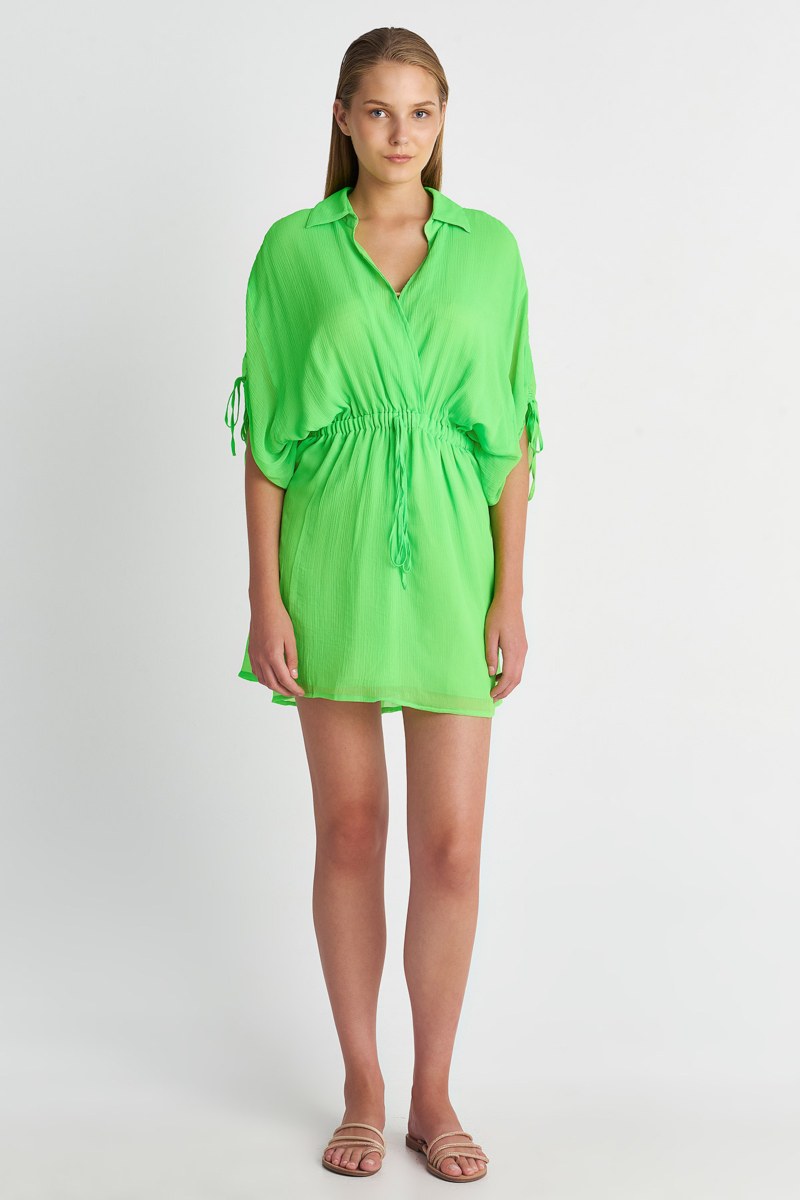 MONOCHROME SHIRRED SHORT-SLEEVED MINI DRESS-23814100-503