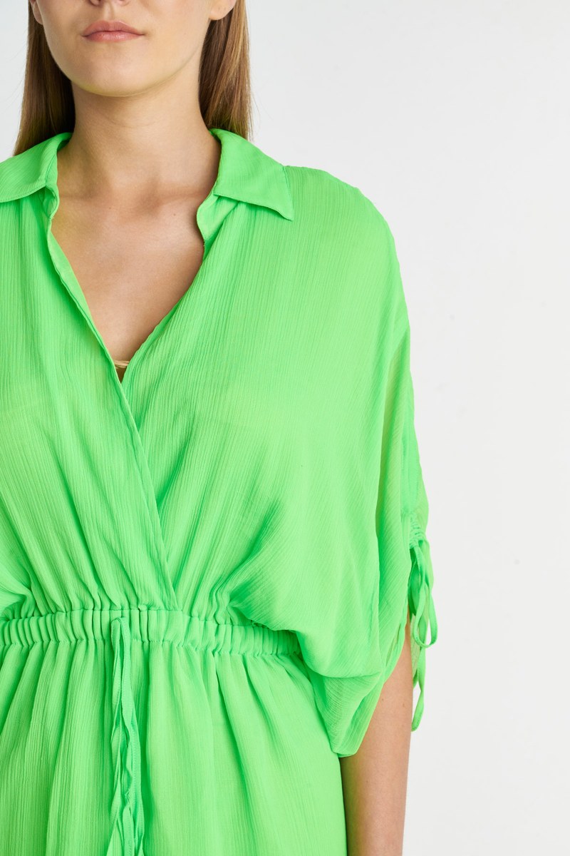 MONOCHROME SHIRRED SHORT-SLEEVED MINI DRESS-23814100-503