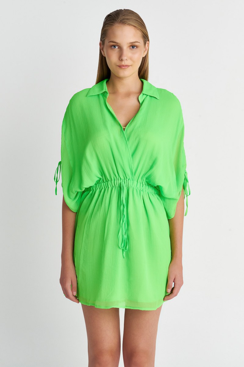 MONOCHROME SHIRRED SHORT-SLEEVED MINI DRESS-23814100-503