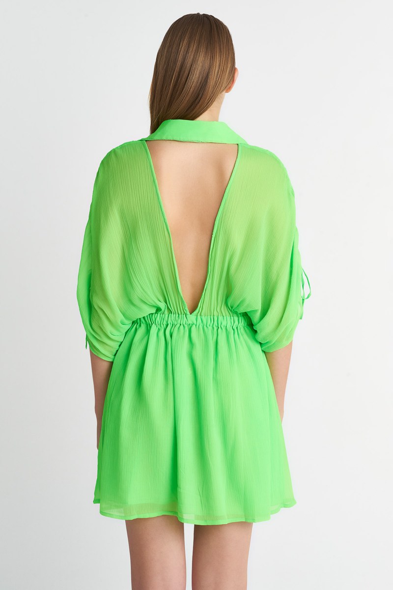 MONOCHROME SHIRRED SHORT-SLEEVED MINI DRESS-23814100-503