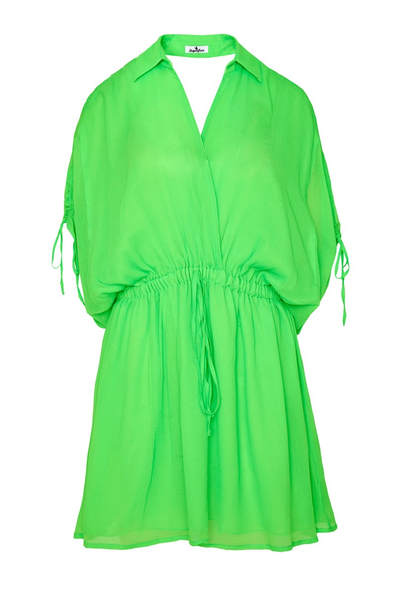 MONOCHROME SHIRRED SHORT-SLEEVED MINI DRESS-23814100-503