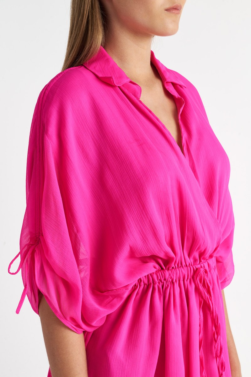 MONOCHROME SHIRRED SHORT-SLEEVED MINI DRESS-23814100-715