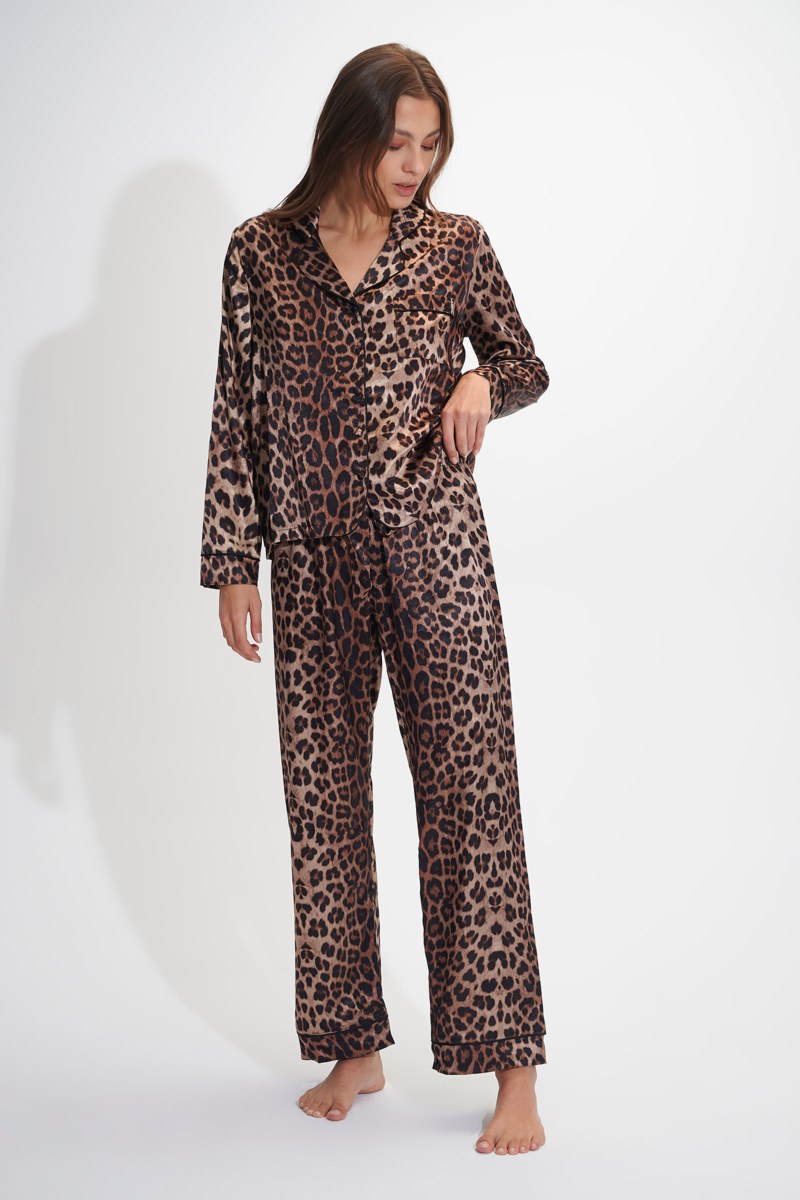 Satin Pyjamas Ladies Leopard Pyjamas Navy Leopard Print Satin