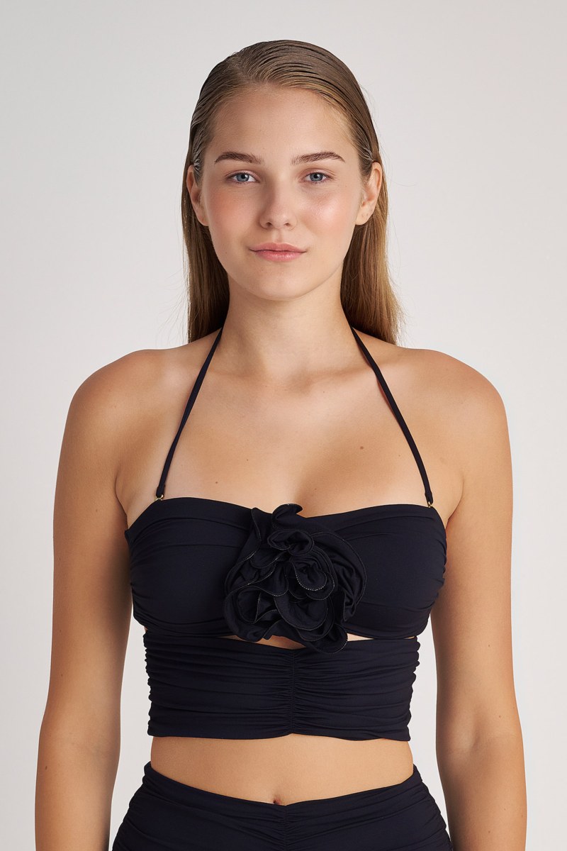 STRAPLESS BIKINI CROPPED TOP WITH FLORAL CORSAGE DETAIL-24801535-110