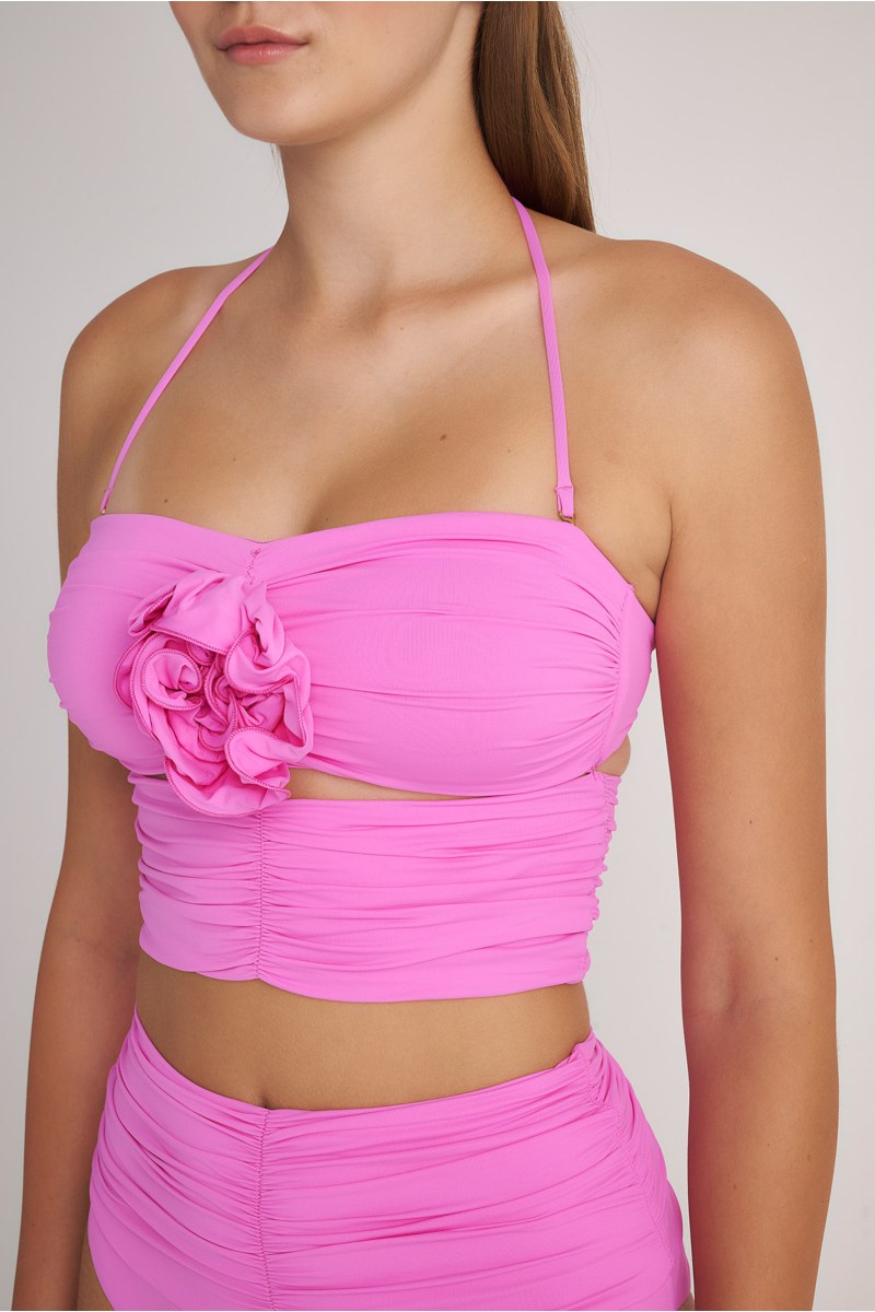 STRAPLESS BIKINI CROPPED TOP WITH FLORAL CORSAGE DETAIL-24801535-800