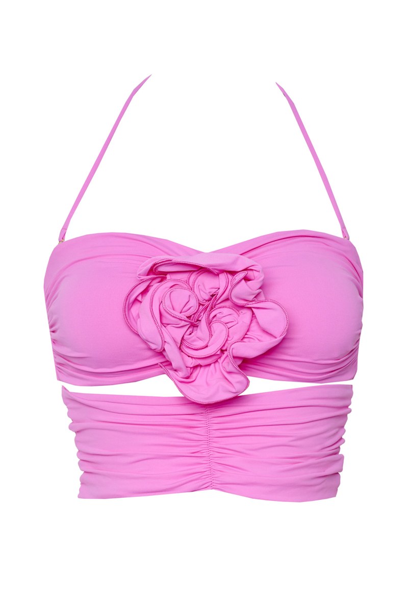 STRAPLESS BIKINI CROPPED TOP WITH FLORAL CORSAGE DETAIL-24801535-800