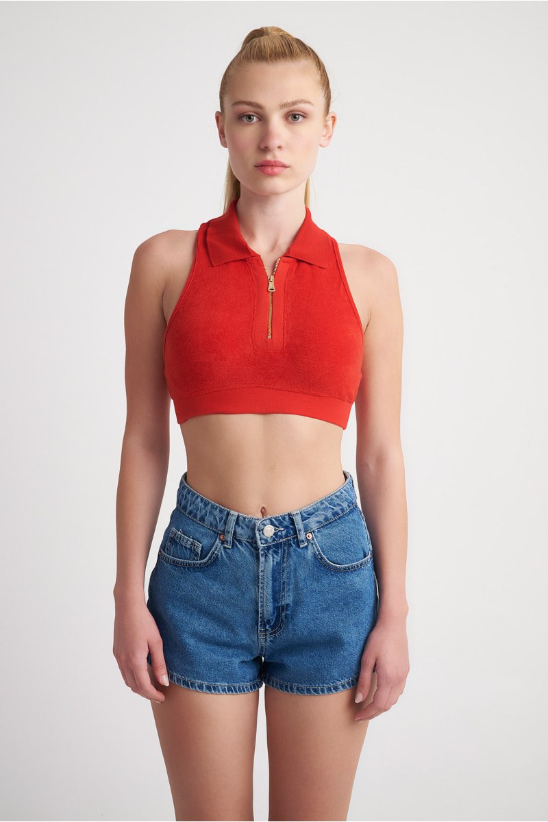 SLEEVELESS POLO STYLE CROPPED TERRY TOP-24812048-623