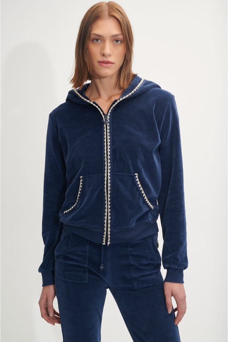 HOODED VELOUR JACKET WITH KNITTED ZIGZAG TRIM DETAILING-24833160-853