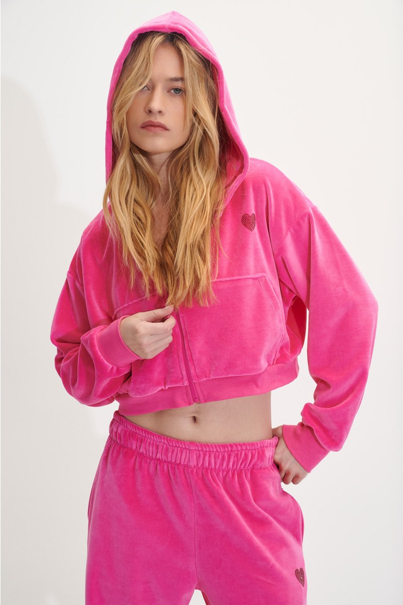 STRASS EMBELLISHED CROPPED VELOUR HOODIE JACKET-24833190-715