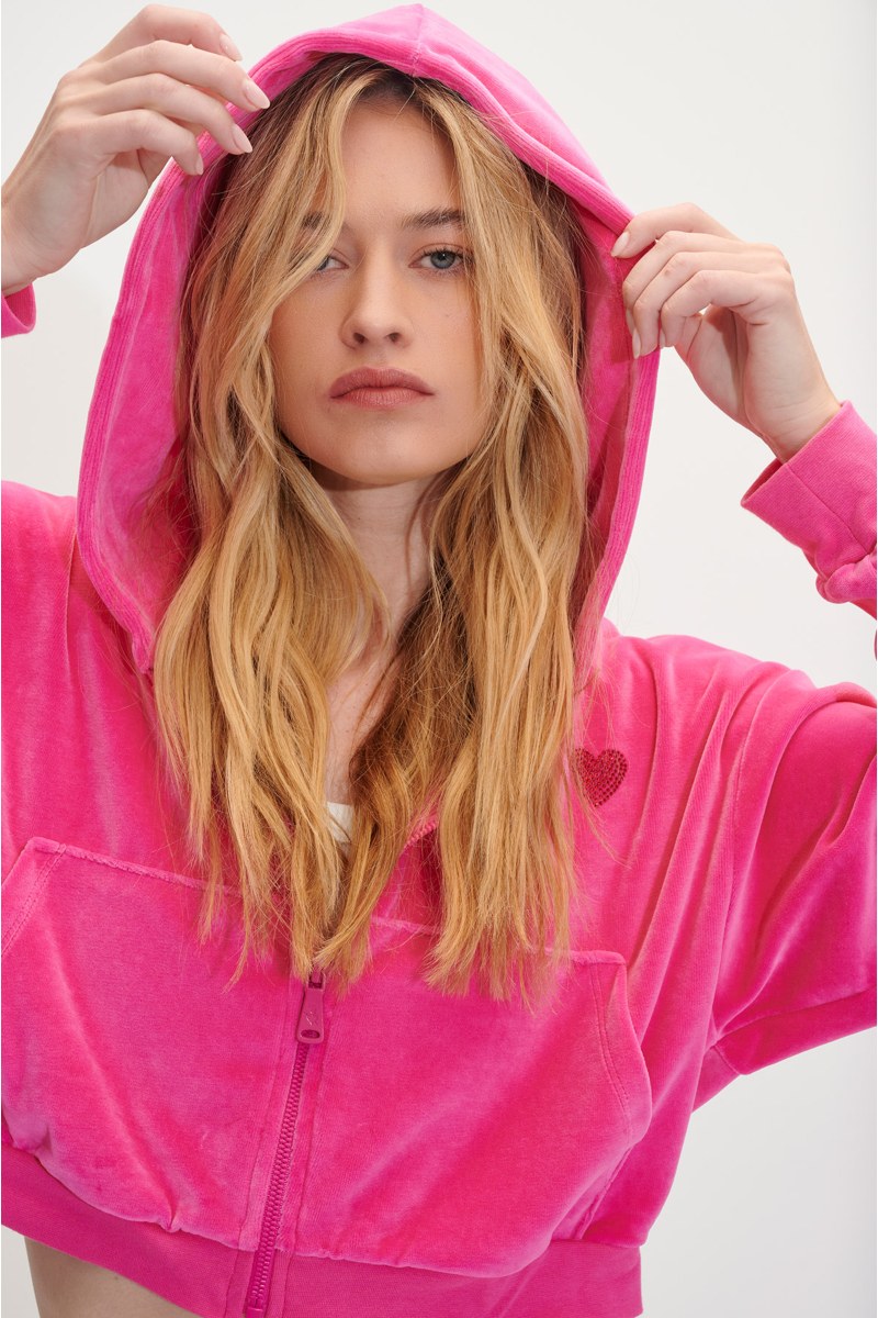 STRASS EMBELLISHED CROPPED VELOUR HOODIE JACKET-24833190-715