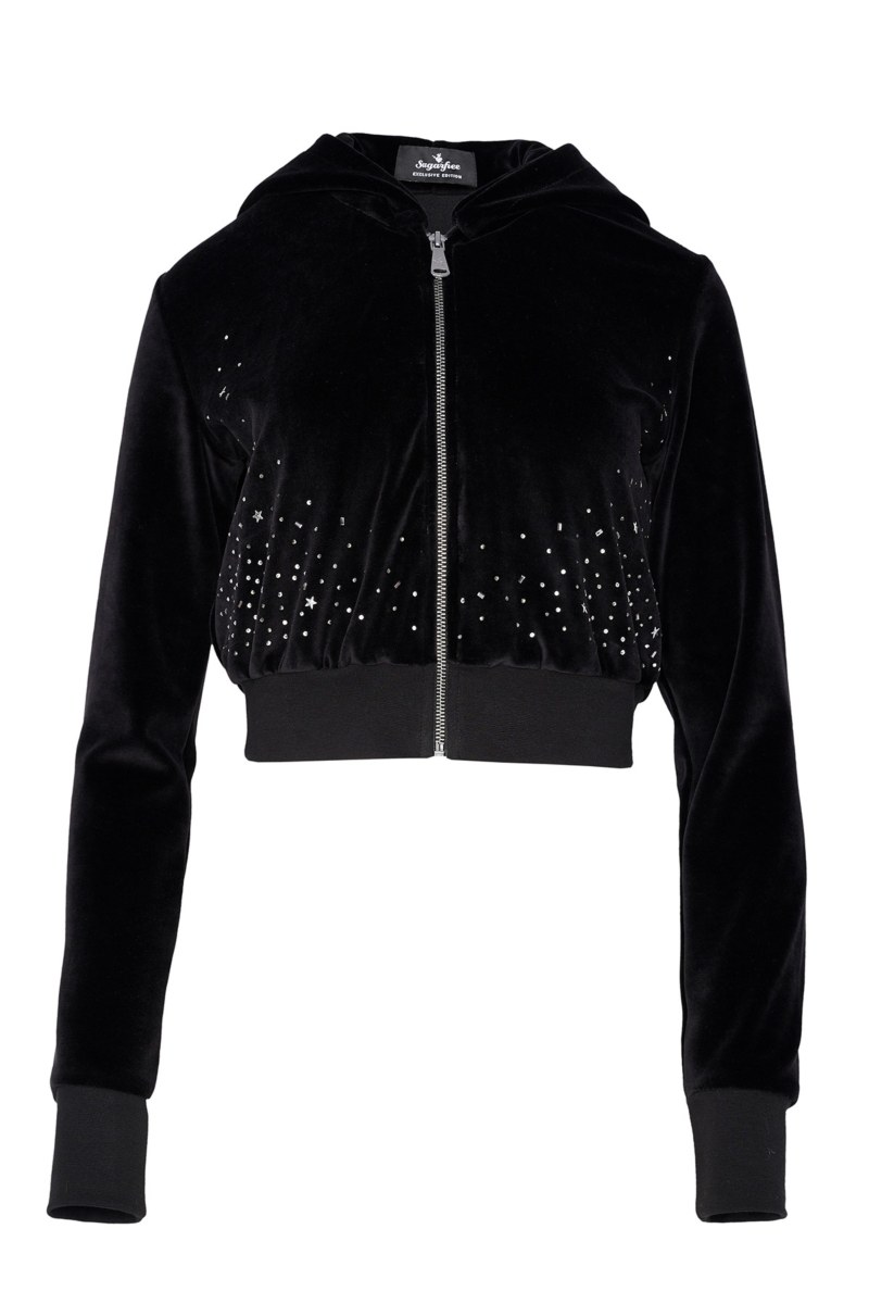 HOODED VELOUR CROPPED JACKET WITH STRASS EMBELLISHMENT-24833272-110