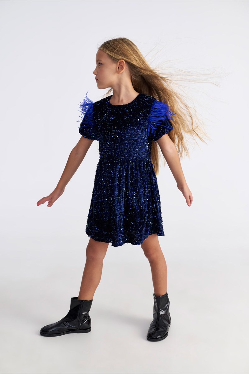 SEQUIN EMBELLISHED SUPER SOFT VELOUR DRESS FOR GIRLS WITH FEATHERS-25634029-437