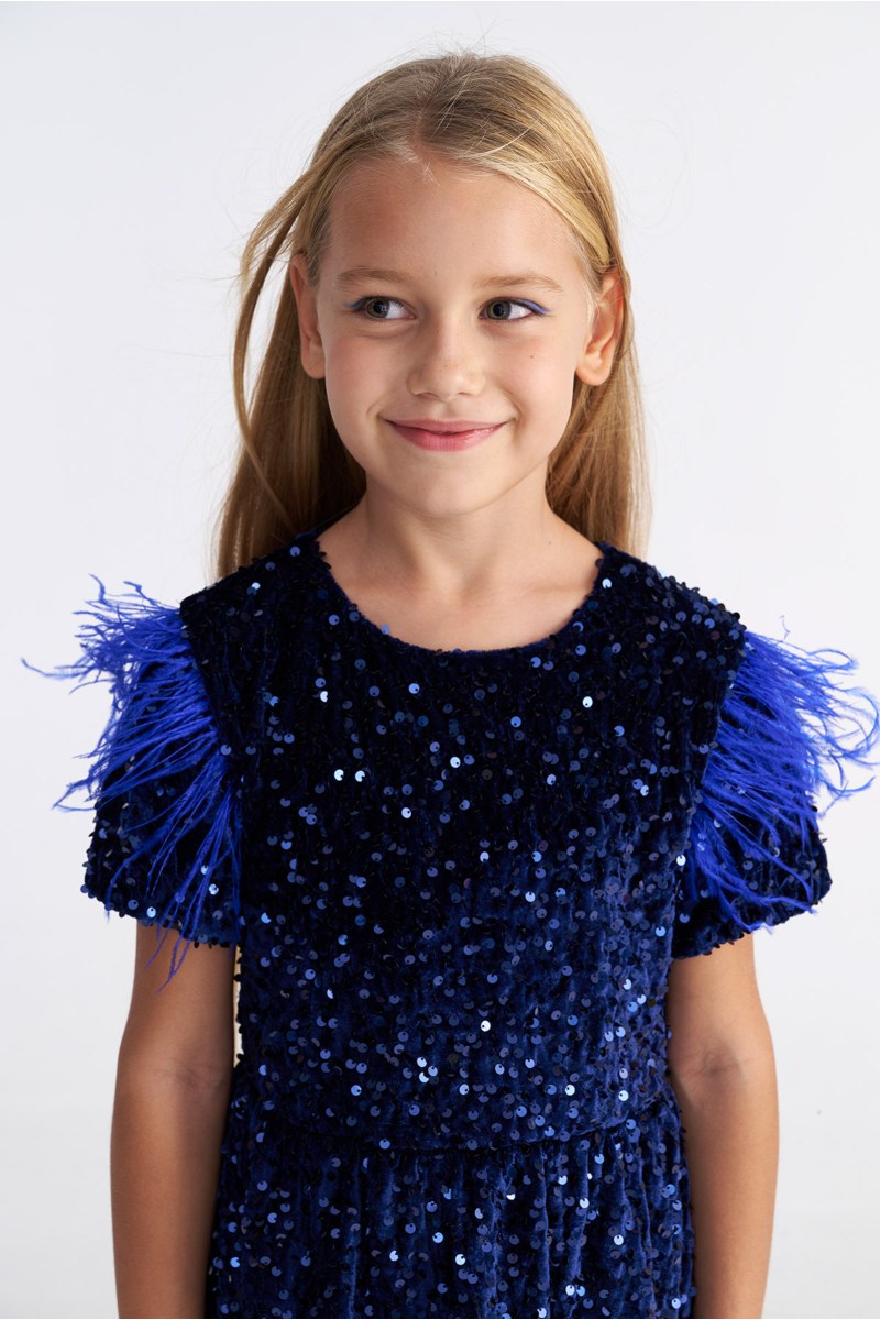 SEQUIN EMBELLISHED SUPER SOFT VELOUR DRESS FOR GIRLS WITH FEATHERS-25634029-437