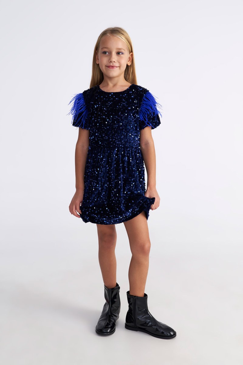 SEQUIN EMBELLISHED SUPER SOFT VELOUR DRESS FOR GIRLS WITH FEATHERS-25634029-437