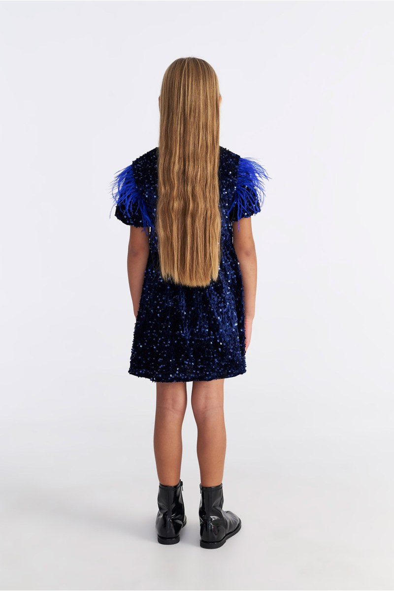 SEQUIN EMBELLISHED SUPER SOFT VELOUR DRESS FOR GIRLS WITH FEATHERS-25634029-437
