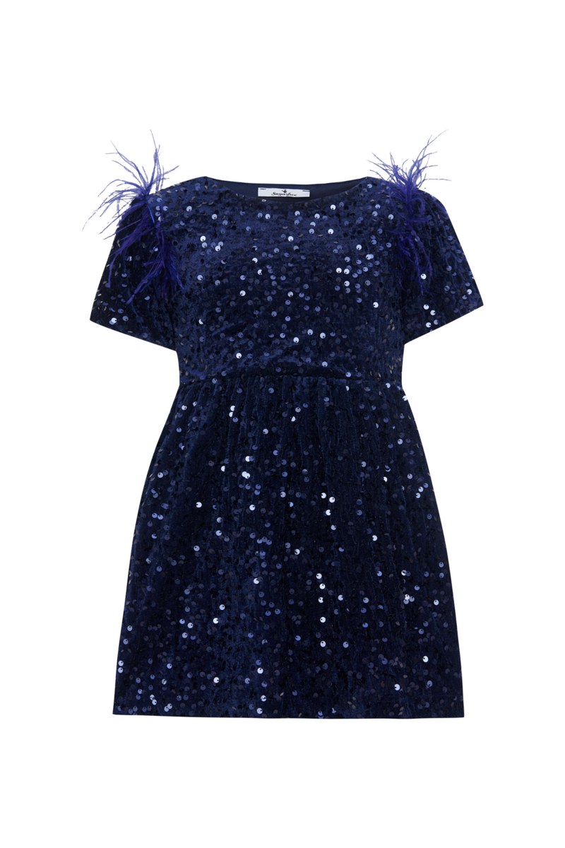 SEQUIN EMBELLISHED SUPER SOFT VELOUR DRESS FOR GIRLS WITH FEATHERS-25634029-437