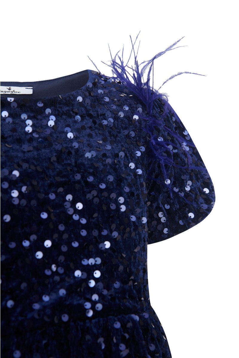 SEQUIN EMBELLISHED SUPER SOFT VELOUR DRESS FOR GIRLS WITH FEATHERS-25634029-437
