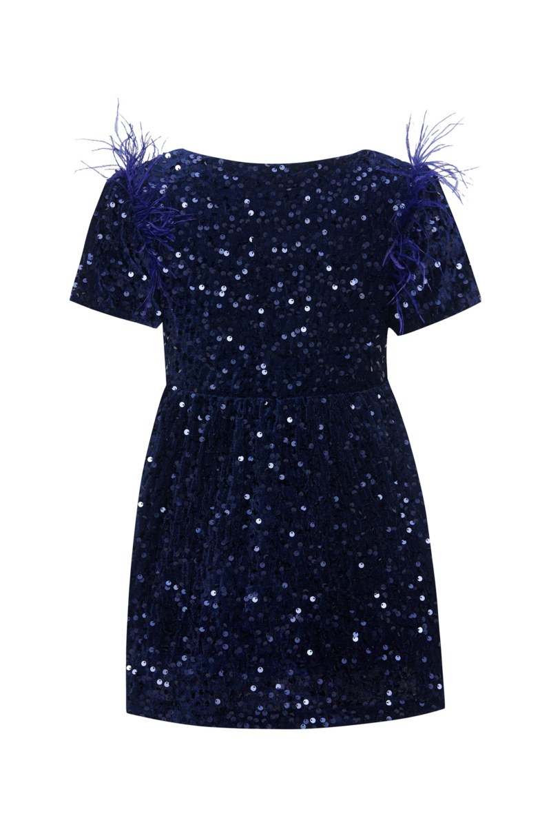 SEQUIN EMBELLISHED SUPER SOFT VELOUR DRESS FOR GIRLS WITH FEATHERS-25634029-437