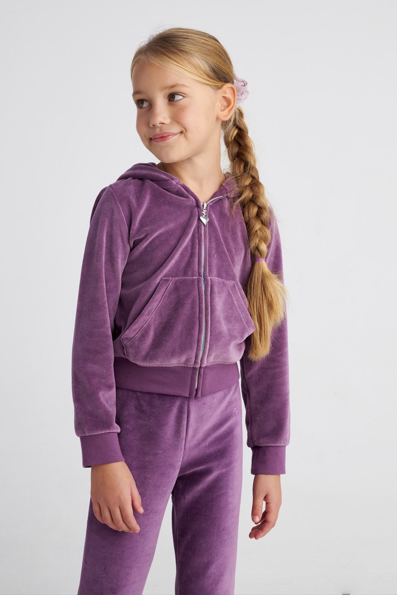 VELOUR TRACK SET FOR GIRLS WITH STRASS EMBELLISHED ON THE HOOD AND RAINBOW ZIPPER-25638021-947