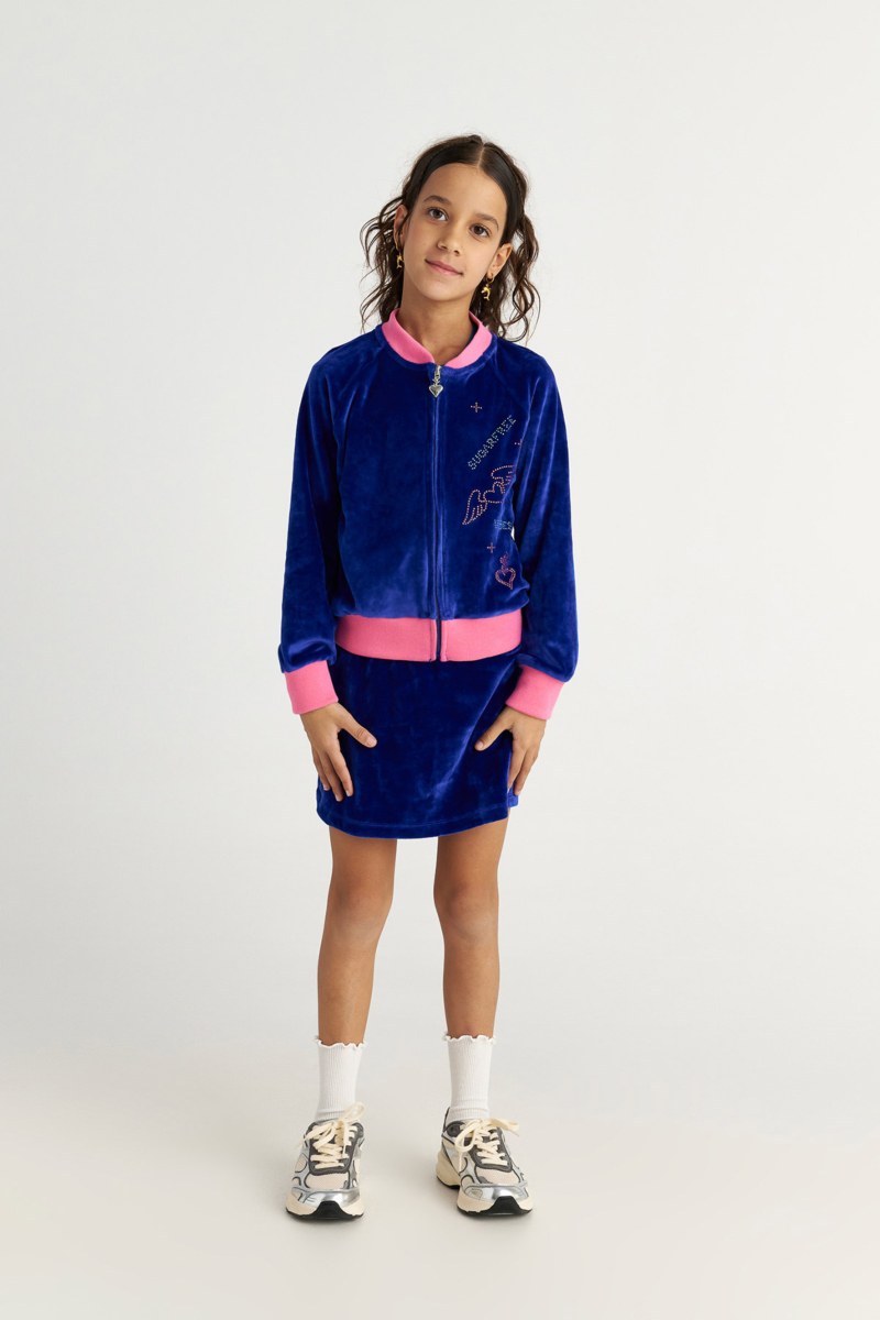 TWO-TONE STYLED SUPER SOFT VELOUR JACKET/SKIRT SET FOR GIRLS WITH STRASS EMBELLISHMENT-25638025-435