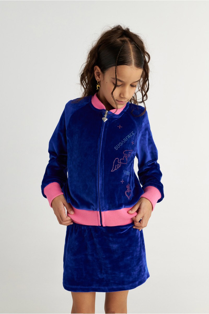 TWO-TONE STYLED SUPER SOFT VELOUR JACKET/SKIRT SET FOR GIRLS WITH STRASS EMBELLISHMENT-25638025-435