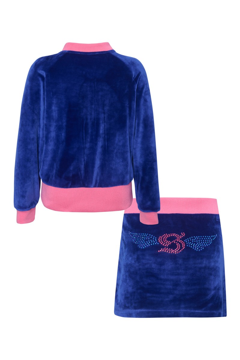 TWO-TONE STYLED SUPER SOFT VELOUR JACKET/SKIRT SET FOR GIRLS WITH STRASS EMBELLISHMENT-25638025-435