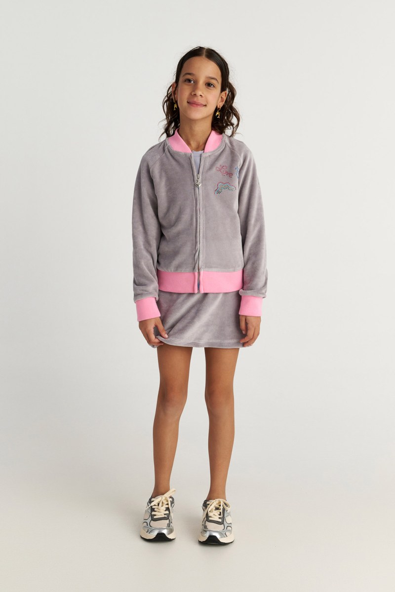 TWO-TONE STYLED VELOUR JACKET/SKIRT SET FOR GIRLS WITH STRASS EMBELLISHMENT AND RAINBOW ZIPPER-25638037-205