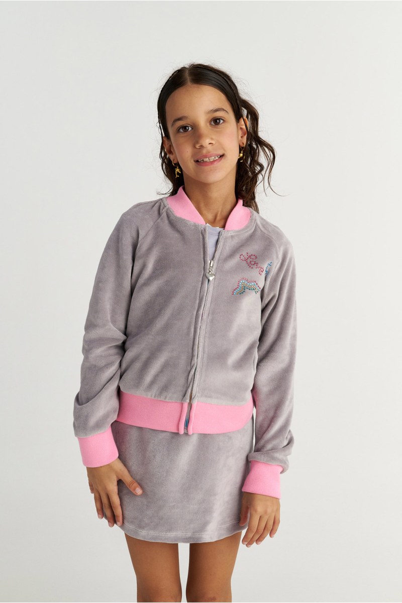 TWO-TONE STYLED VELOUR JACKET/SKIRT SET FOR GIRLS WITH STRASS EMBELLISHMENT AND RAINBOW ZIPPER-25638037-205