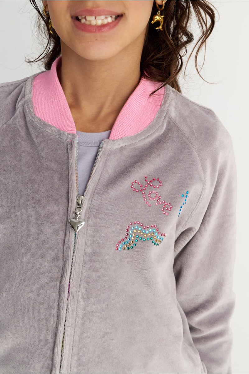 TWO-TONE STYLED VELOUR JACKET/SKIRT SET FOR GIRLS WITH STRASS EMBELLISHMENT AND RAINBOW ZIPPER-25638037-205