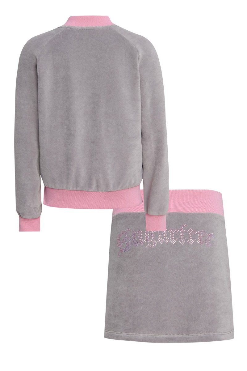 TWO-TONE STYLED VELOUR JACKET/SKIRT SET FOR GIRLS WITH STRASS EMBELLISHMENT AND RAINBOW ZIPPER-25638037-205