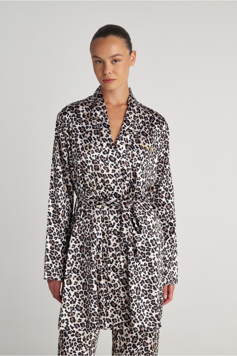 LEOPARD PRINTED MINI WRAP SATIN NIGHT ROBE-25738009-301