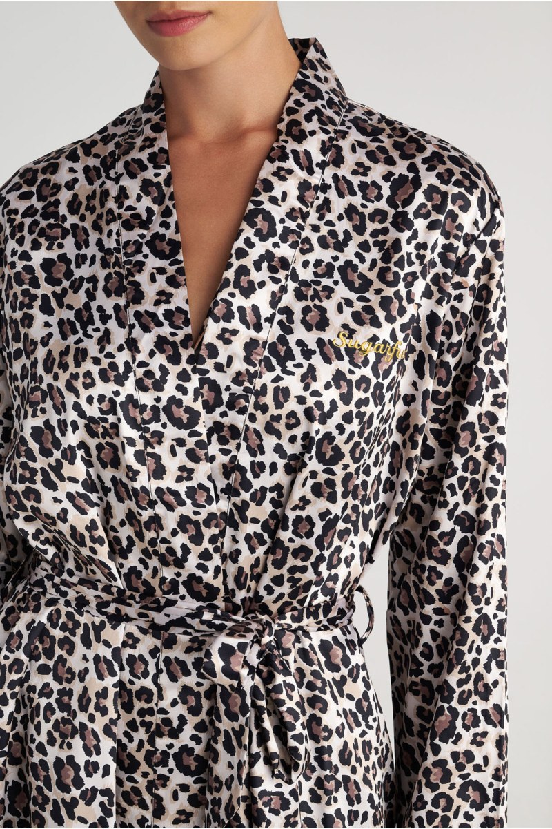 LEOPARD PRINTED MINI WRAP SATIN NIGHT ROBE-25738009-301