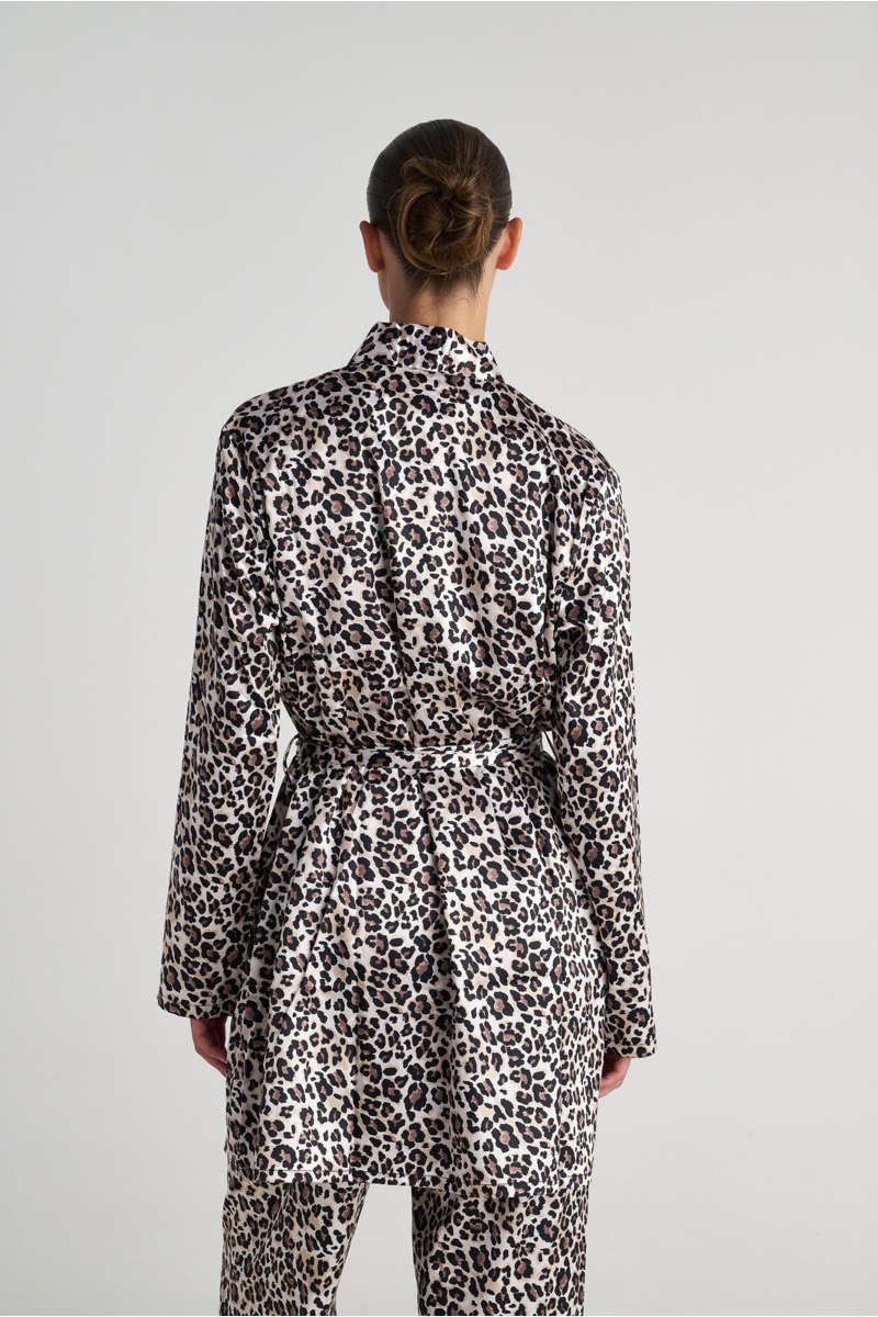 LEOPARD PRINTED MINI WRAP SATIN NIGHT ROBE-25738009-301