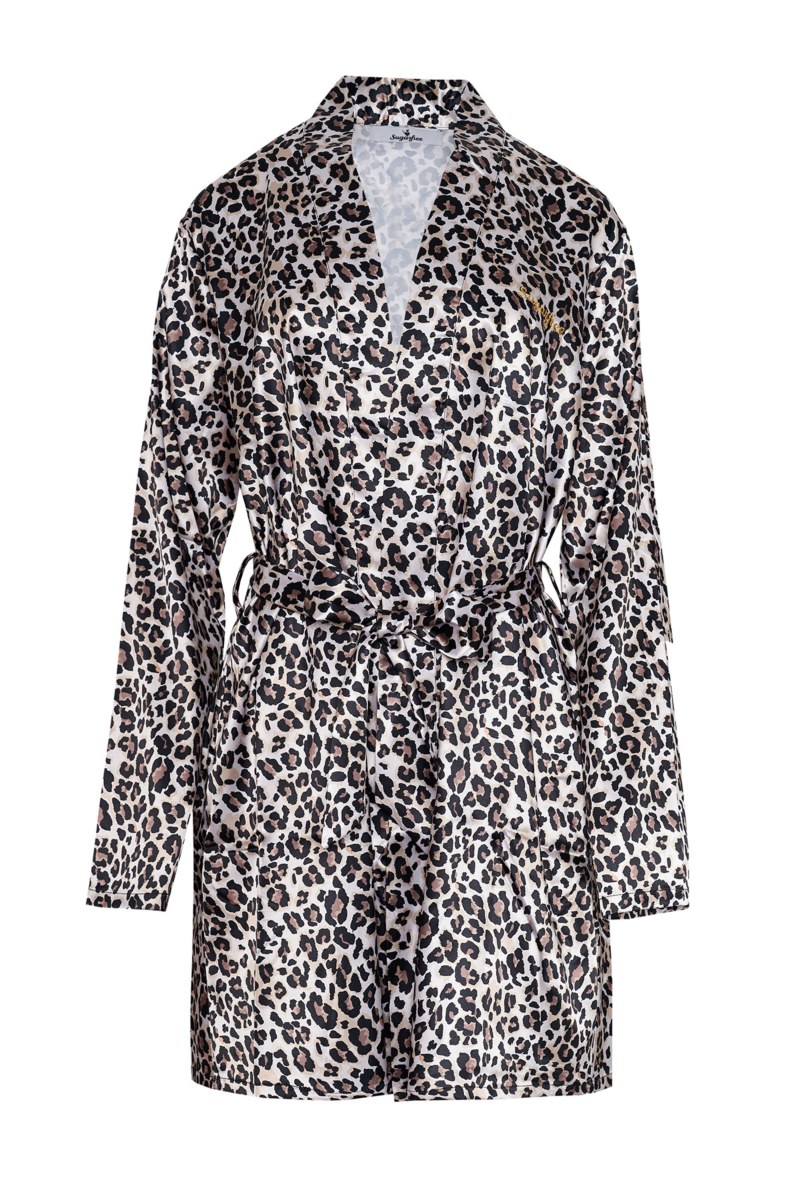 LEOPARD PRINTED MINI WRAP SATIN NIGHT ROBE-25738009-301
