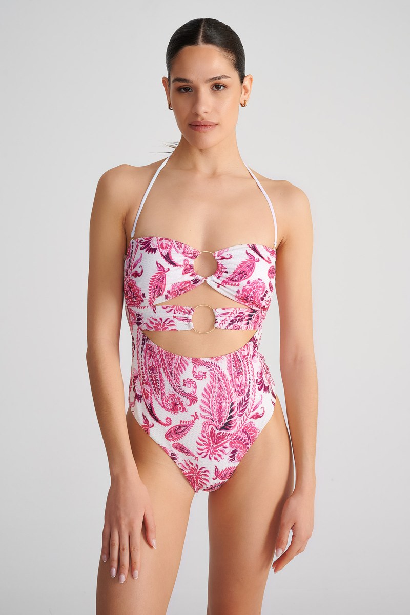 FLORAL PRINTED BRAZILIAN ONEPIECE STRAPLESS SWIMSUIT WITH CUT-OUTS-25804040-715
