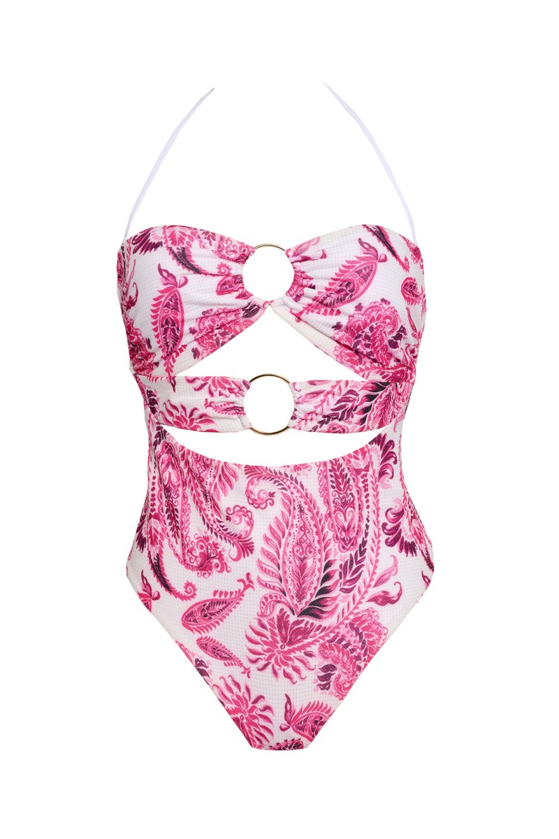 FLORAL PRINTED BRAZILIAN ONEPIECE STRAPLESS SWIMSUIT WITH CUT-OUTS-25804040-715