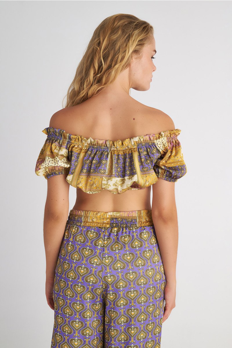 PRINTED OFF-THE-SHOULDER SATIN CROPPED TOP-25806744-812