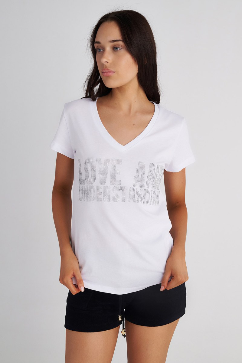 STRASS EMBELLISHED COTTON T-SHIRT WITH 'V' NECKLINE-25812284-102
