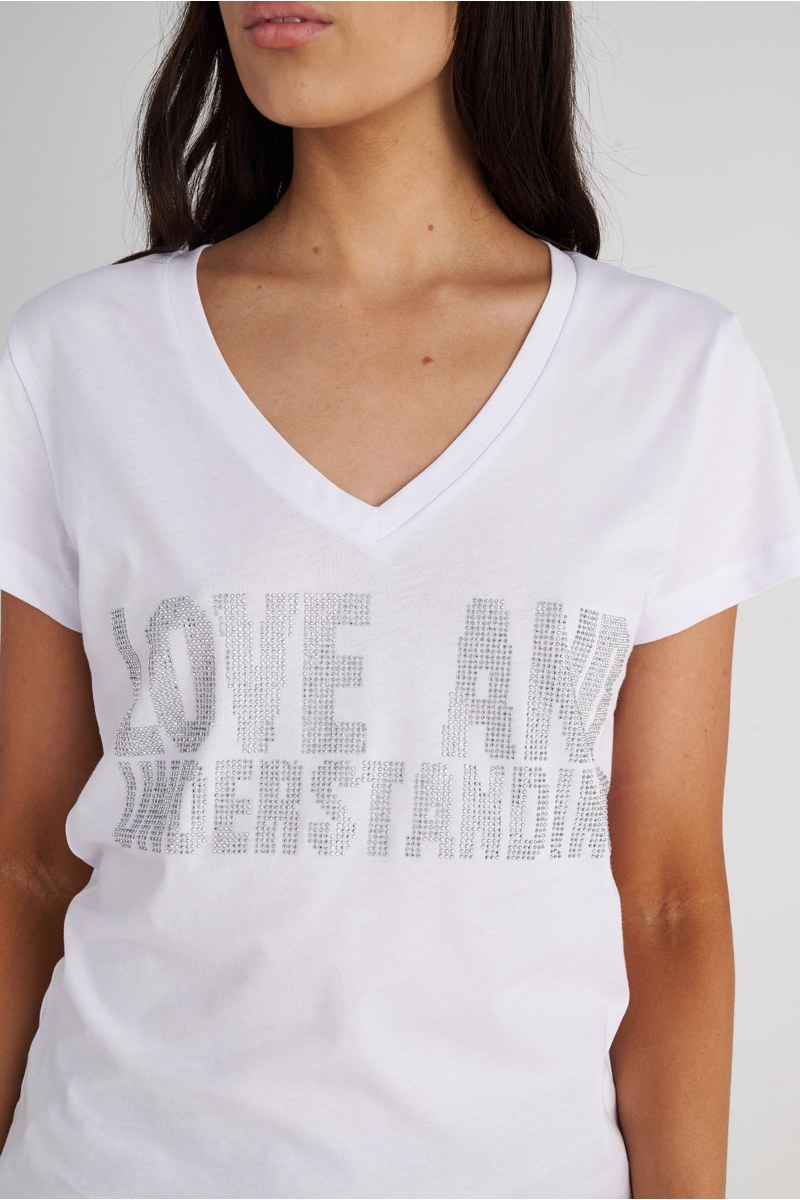STRASS EMBELLISHED COTTON T-SHIRT WITH 'V' NECKLINE-25812284-102
