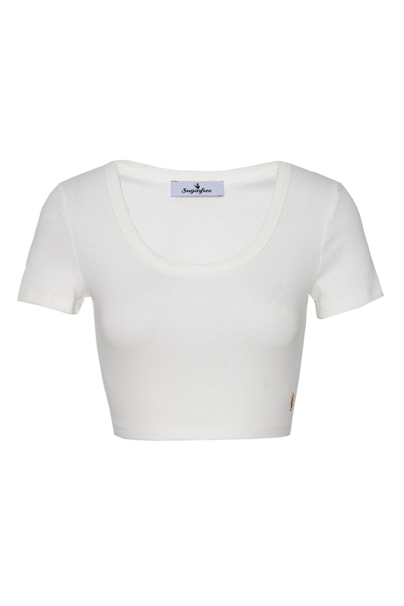 SHORT SLEEVED RIBBED COTTON CROPPED TOP-25812292-102