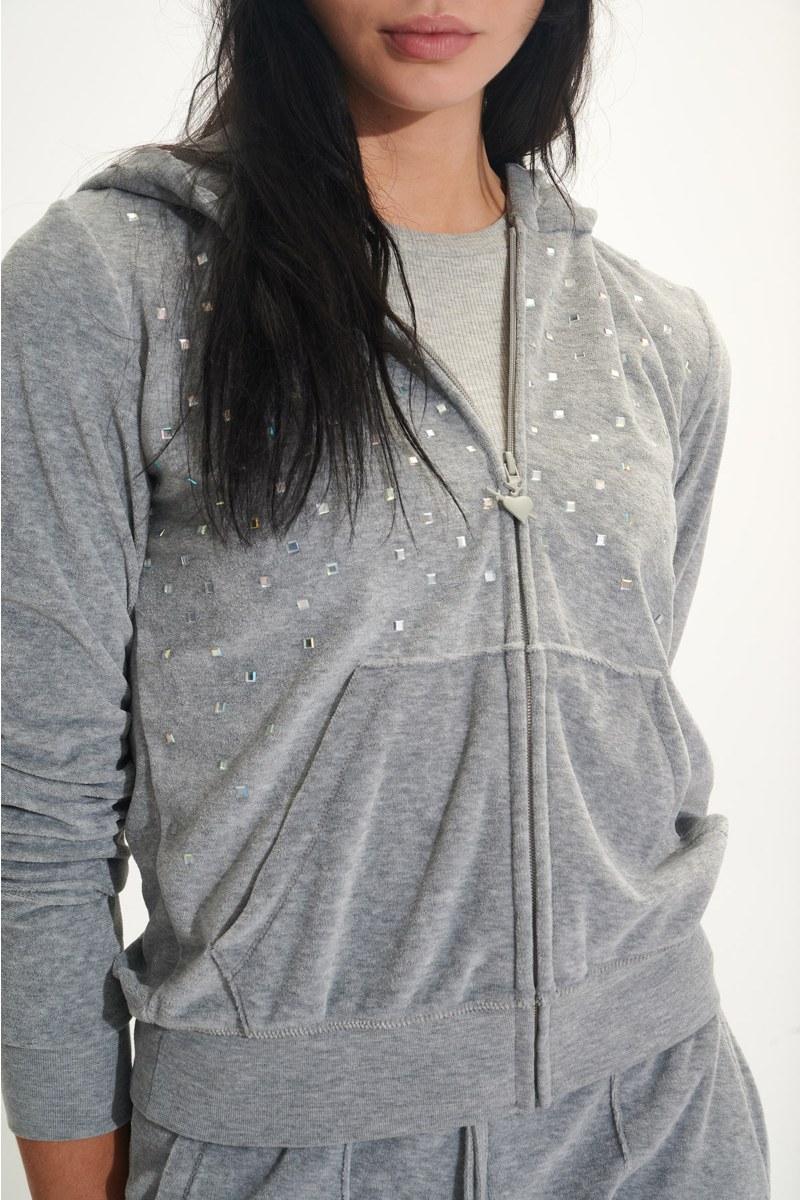 SPARKLING STRASS EMBELLISHED VELOUR HOODED JACKET-25813008-211