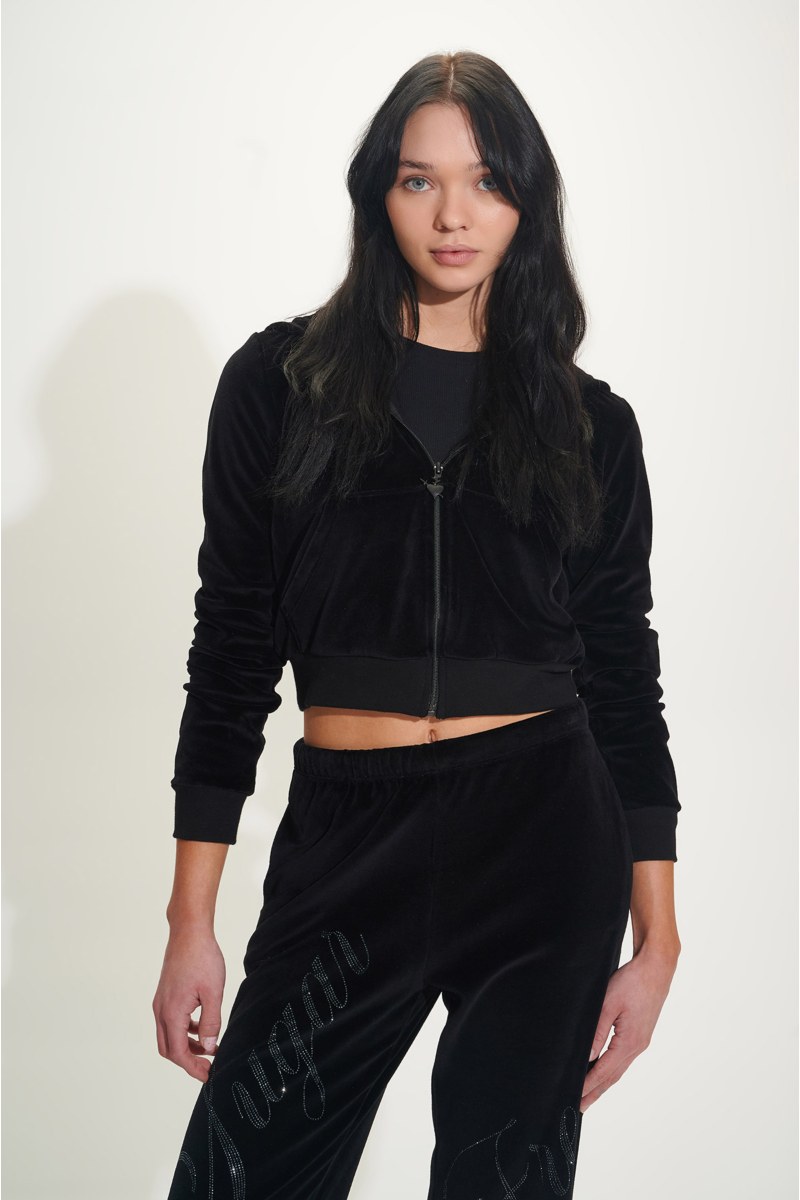 STRASS EMBELLISHED CROPPED HOODED VELOUR JACKET-25813036-110
