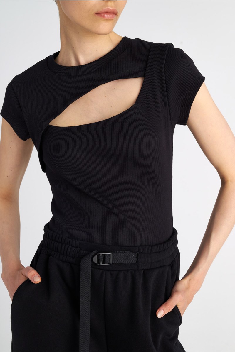 SHORT-SLEEVED RIBBED TOP WITH FRONT CUT-OUT DETAIL-25832048-110
