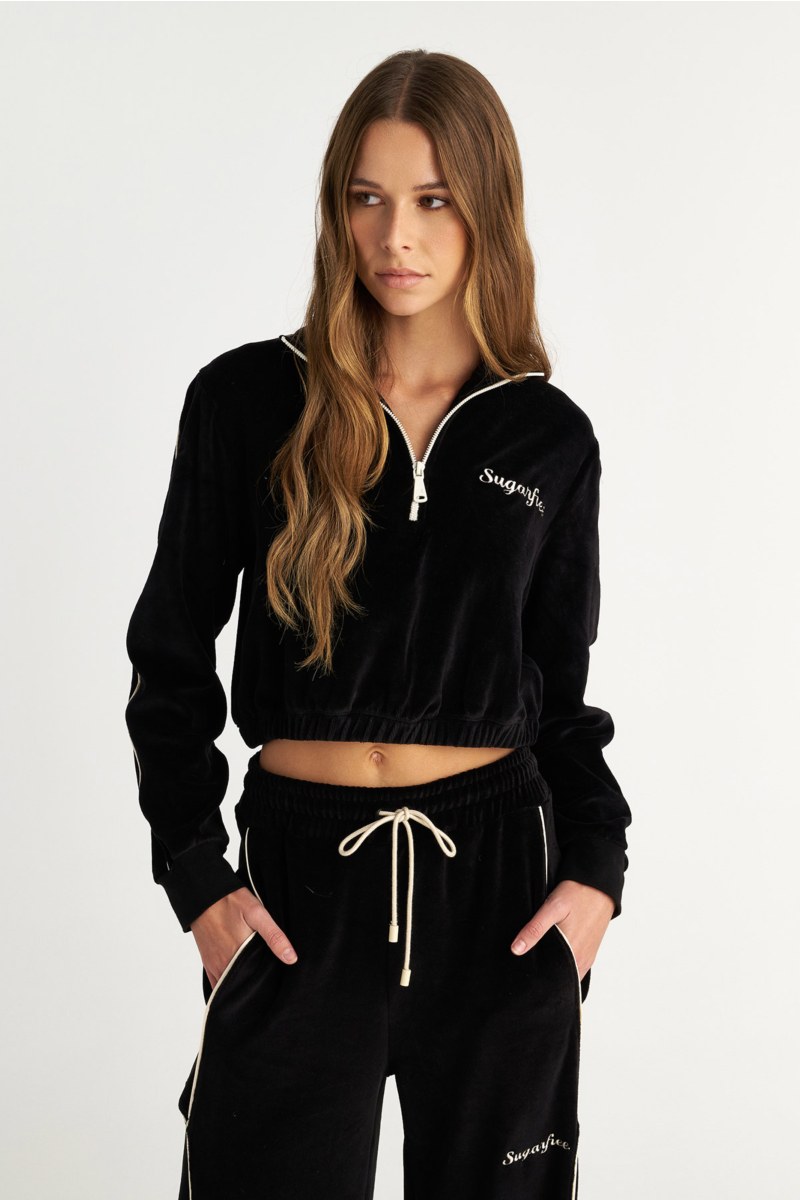 CONTRAST PIPING HALF-ZIP VELOUR CROPPED SWEATSHIRT-25832184-110