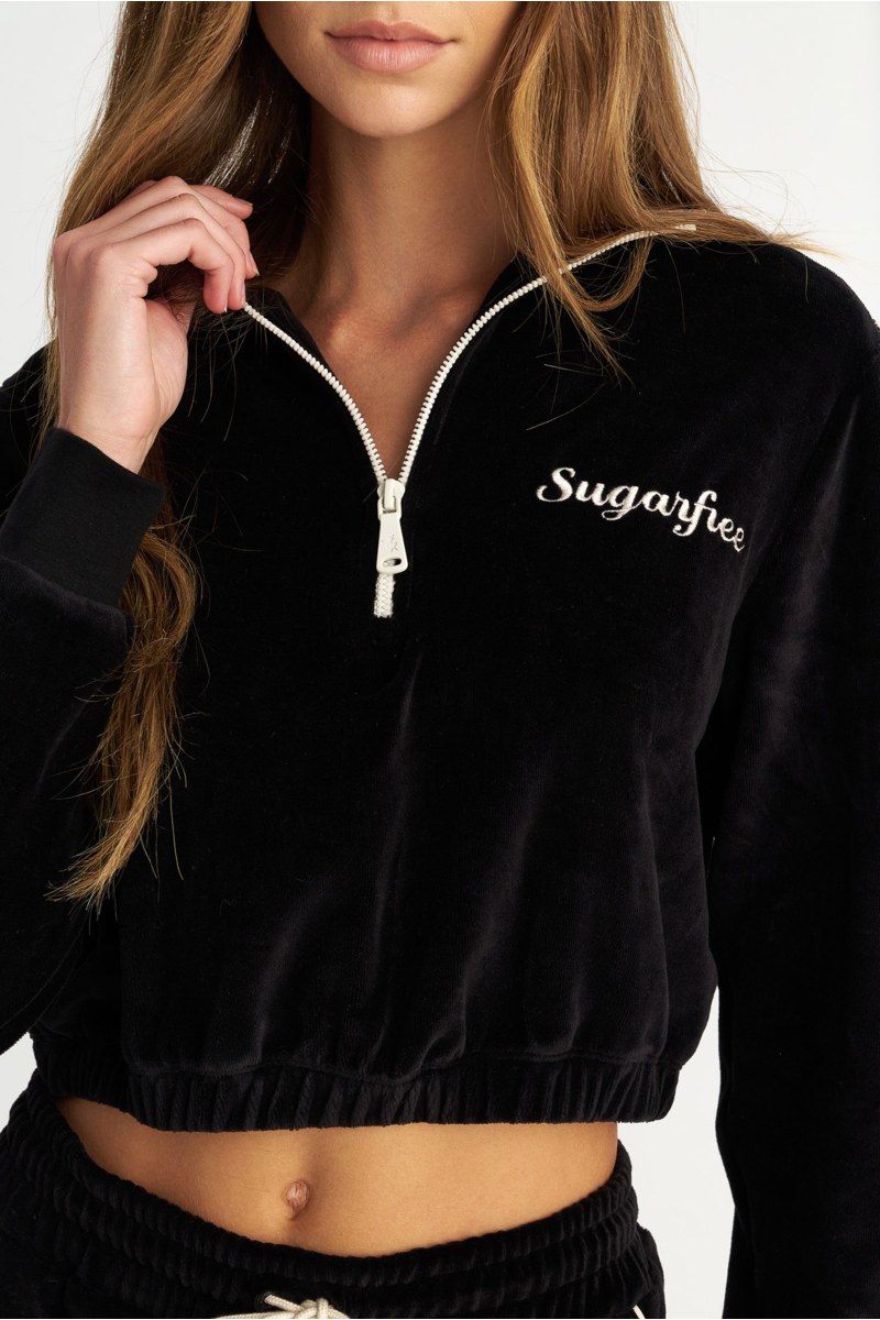 CONTRAST PIPING HALF-ZIP VELOUR CROPPED SWEATSHIRT-25832184-110