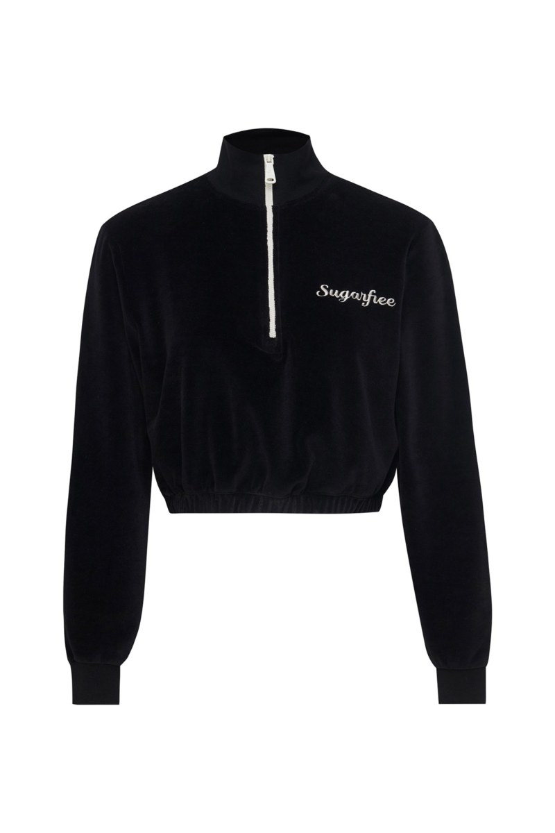 CONTRAST PIPING HALF-ZIP VELOUR CROPPED SWEATSHIRT-25832184-110